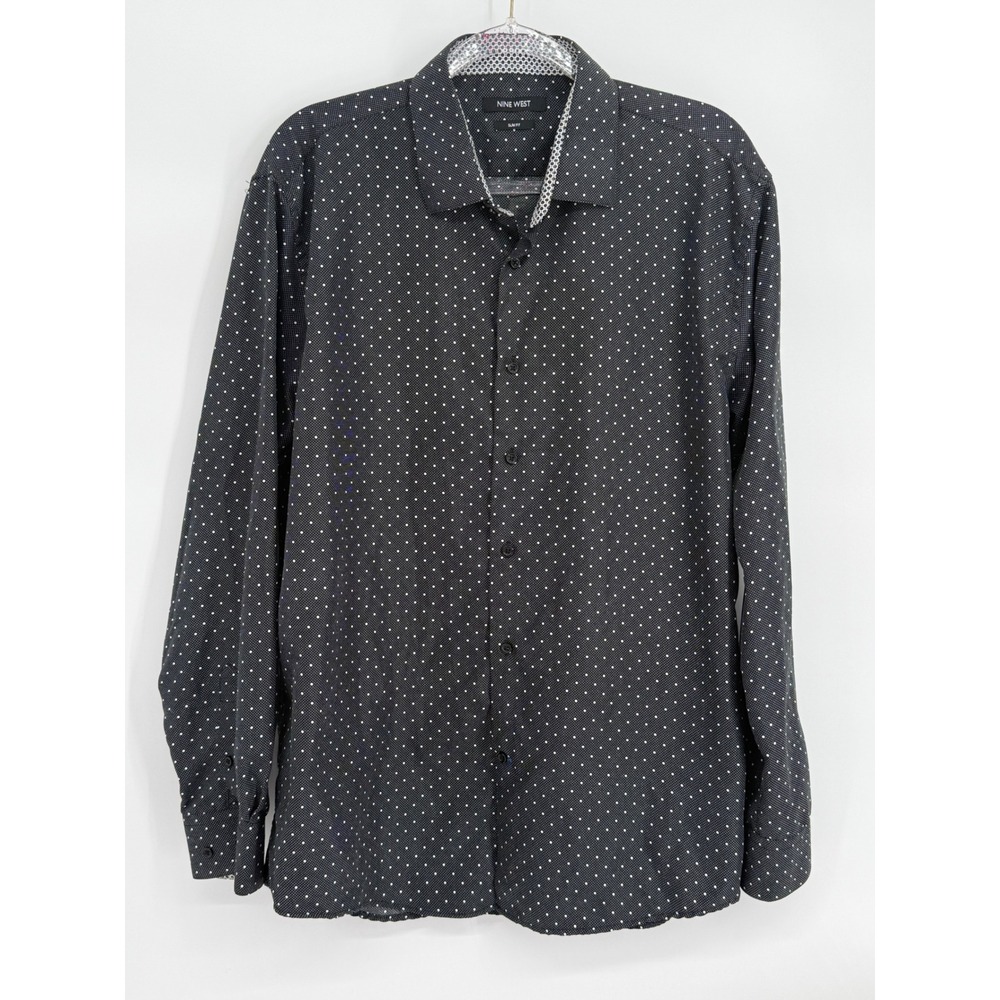 Nine West Mens Slim Fit Polka Dot Button Down Shirt Black Sz XL 17-17.5 34/35